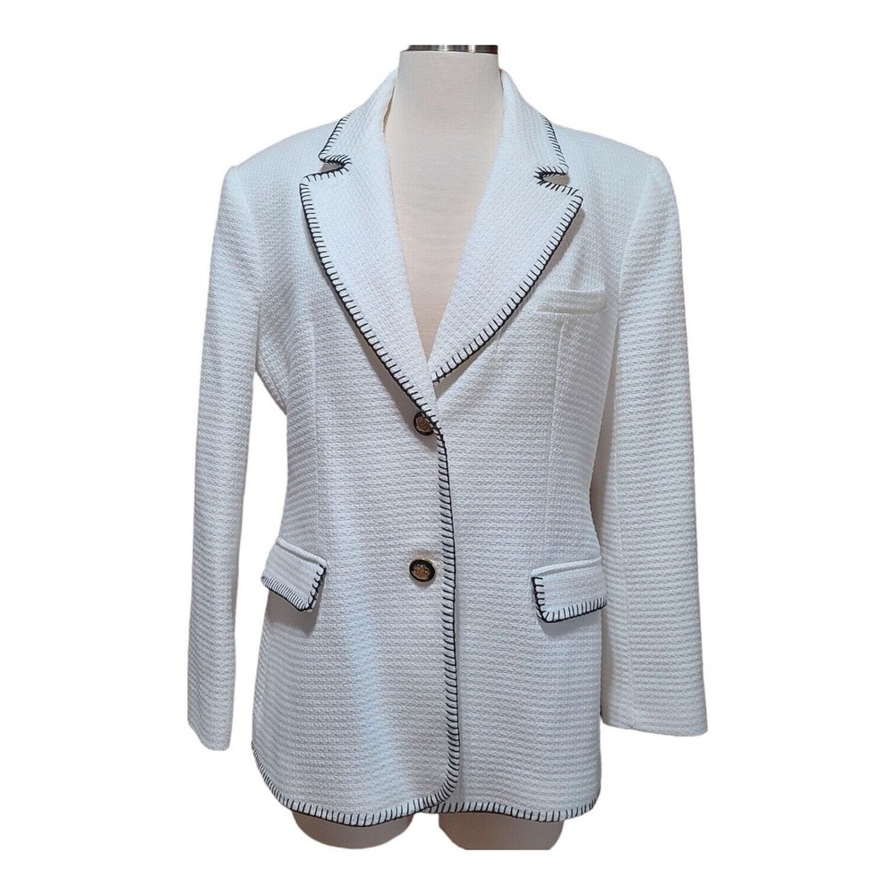 Zara White Textured Blazer Black Blanket Stitch Gold Button XL Coat Jacket